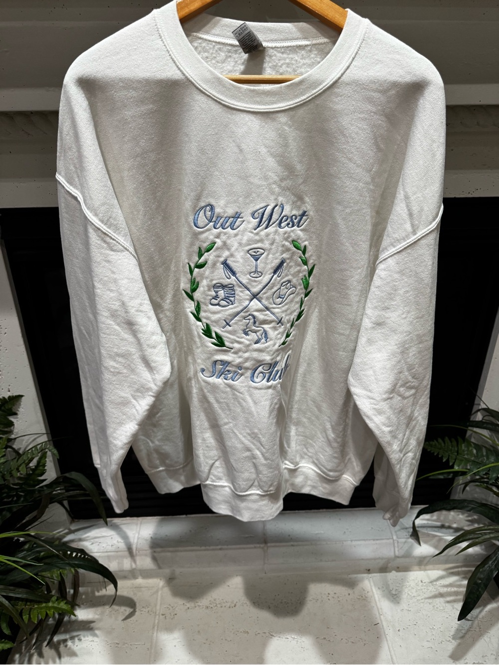 Gildan White Crewneck with Blue and Green Ski Club Embroidery - Picture 1 of 4